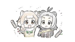 Rule 34 | 2girls, :d, american beaver (kemono friends), animal ears, antenna hair, appleq, beaver ears, black-tailed prairie dog (kemono friends), black gloves, bow, bowtie, breasts, brown eyes, brown gloves, brown hair, brown jacket, brown sweater, cleavage, commentary request, cropped torso, dog ears, elbow gloves, forehead, fur collar, gloves, green bow, green bowtie, grey hair, hair ornament, hairclip, highres, holding, jacket, kemono friends, log, long sleeves, looking at viewer, multicolored hair, multiple girls, notice lines, open clothes, open jacket, open mouth, pointing, pointing at viewer, short eyebrows, simple background, small breasts, smile, sweater, thick eyebrows, two-tone hair, upper body, white background, white hair