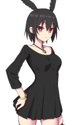 Rule 34 | 1girl, black dress, black hair, blush, bracelet, breasts, dress, elfenlied22, fate/grand order, fate (series), head wings, highres, jewelry, looking at viewer, medium breasts, necklace, ortlinde (fate), pendant, red eyes, short hair, simple background, solo, thighs, valkyrie (fate), wings