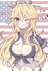 Rule 34 | 10s, 1girl, american flag, bad anatomy, blonde hair, blue eyes, blush, breasts, cleavage, clothes writing, english text, fingerless gloves, gloves, grin, hat, highres, iowa (kancolle), kantai collection, kvlen, large breasts, long hair, looking at viewer, navel, one eye closed, smile, solo, sparkle, star-shaped pupils, star (symbol), symbol-shaped pupils, thumbs up