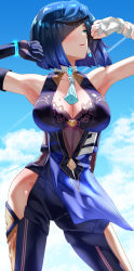 Rule 34 | 1girl, asymmetrical gloves, bare shoulders, black hair, black pants, blue dress, blue hair, blue sky, blush, bob cut, breasts, cleavage, cleavage cutout, clothing cutout, diagonal bangs, dice, dress, earrings, genshin impact, gloves, green eyes, highres, jewelry, large breasts, looking to the side, mismatched gloves, mole, mole on breast, multicolored hair, neck ring, pants, parted lips, pelvic curtain, short hair, sky, solo, tassel, thighs, tight clothes, tight pants, two-tone hair, uenoryoma, yelan (genshin impact)