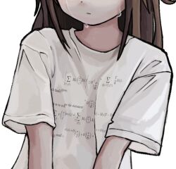 Rule 34 | 1girl, brown hair, closed mouth, clothes writing, commentary, crying, dot nose, head out of frame, long hair, math, original, shirt, short sleeves, simple background, solo, streaming tears, t-shirt, tears, white background, white shirt, zoolpal