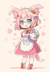 Rule 34 | 1girl, :d, animal ears, apron, aruya (flosrota), blue flower, blush, boots, brown background, collared dress, dress, floral background, flower, green eyes, hair between eyes, hair flower, hair ornament, highres, looking at viewer, hugging object, open mouth, original, pink dress, pink footwear, pink hair, puffy short sleeves, puffy sleeves, red flower, shadow, short eyebrows, short sleeves, smile, solo, standing, tail, thick eyebrows, twitter username, waist apron, white apron, yellow flower