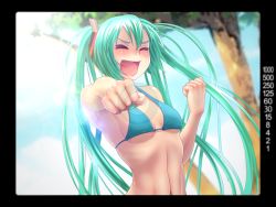 Rule 34 | 1girl, :d, aqua bikini, aqua hair, bikini, blush, breasts, clenched hand, clenched hands, closed eyes, hatsune miku, long hair, nail polish, navel, open mouth, punching, sideboob, small breasts, smile, solo, swimsuit, tree, twintails, underboob, very long hair, viewfinder, vocaloid, wokada