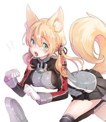Rule 34 | !?, 10s, 1girl, anchor hair ornament, animal ears, aqua eyes, black skirt, blonde hair, blush, fox ears, fox tail, gloves, hair between eyes, hair ornament, hat, unworn hat, unworn headwear, kantai collection, kemonomimi mode, leaning forward, long hair, long sleeves, looking at viewer, md5 mismatch, military, military uniform, open mouth, peaked cap, pleated skirt, prinz eugen (kancolle), shuri (84k), skirt, solo, tail, thighhighs, twintails, uniform, white background, white gloves