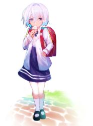 Rule 34 | 10s, 1girl, absurdres, aged down, backpack, bag, black footwear, blue eyes, blue skirt, collared shirt, commentary request, covered mouth, food, hair between eyes, hand in pocket, high-waist skirt, highres, holding, holding food, ice cream, ice cream cone, jacket, kneehighs, long sleeves, looking at viewer, mary janes, open clothes, open jacket, randoseru, ryuuou no oshigoto!, school uniform, shirt, shoes, short hair, silver hair, skirt, socks, soft serve, solo, sora ginko, standing, tarbo (exxxpiation), white background, white jacket, white shirt, white socks