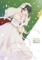 Rule 34 | 1girl, bouquet, bridal gauntlets, bridal veil, character name, commentary request, dated, dress, dutch angle, flower, green eyes, green hair, hair flower, hair ornament, happy birthday, jewelry, kantai collection, mogami (kancolle), nao (nao eg), necklace, pearl necklace, rose, short hair, solo, swept bangs, veil, waving, wedding dress, white dress