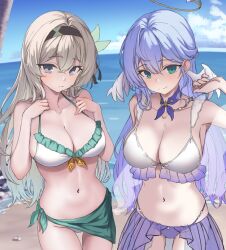 2girls beach bikini blue_hair breasts collarbone firefly_(honkai:_star_rail) frilled_bikini frills green_eyes grey_hair hairband honkai:_star_rail honkai_(series) large_breasts light_smile long_hair looking_at_viewer multiple_girls navel ocean outdoors robin_(honkai:_star_rail) ryuudog sarong stomach swimsuit