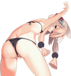 Rule 34 | 1girl, ass, azur lane, bent over, bikini, black bikini, blonde hair, commentary, covering privates, covering crotch, flat ass, flat chest, from behind, hair between eyes, hair ornament, headgear, highres, looking at viewer, micro bikini, purple eyes, schreibe shura, sidelocks, simple background, solo, swimsuit, warspite (azur lane), white background