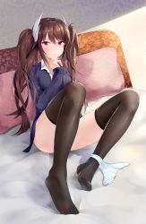 Rule 34 | 1girl, alternate costume, arm support, ass, azur lane, black thighhighs, blue cardigan, blush, bottle, breasts, brown hair, buttons, cardigan, closed mouth, collarbone, collared shirt, crossed bangs, day, frown, hair between eyes, hair ornament, hairclip, hand on own chin, haruna (azur lane), haruna (free time before class) (azur lane), highres, horns, indoors, jewelry, kurumiiii, long hair, long sleeves, looking at viewer, medium breasts, no shoes, on bed, panties, panties around leg, pillow, red eyes, school uniform, shirt, sitting, solo, striped clothes, striped panties, swept bangs, thighhighs, thighs, twintails, underwear, very long hair, white panties, white shirt