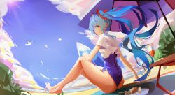 Rule 34 | 1girl, absurdres, afindex, beach, bird, black one-piece swimsuit, blue eyes, blue hair, blue sky, capelet, cloud, cup, food, full body, gradient sky, hatsune miku, highres, knees up, looking at viewer, looking back, one-piece swimsuit, outdoors, parasol, plant, sitting, sky, swimsuit, twintails, umbrella, vocaloid, white capelet