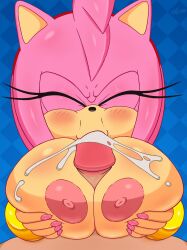 Rule 34 | 1boy, 1girl, absurdres, amy rose, blush, breasts, cum, cum in mouth, excito, facing viewer, fellatio, highres, large areolae, large breasts, nail polish, oral, paizuri, penis, pov, pov crotch, solo focus, sonic (series)