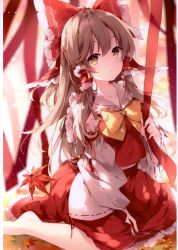 Rule 34 | 1girl, absurdres, autumn leaves, barefoot, between legs, blurry, blurry background, blush, bow, bowtie, brown eyes, brown hair, collarbone, detached sleeves, fingernails, frilled bow, frilled shirt collar, frills, hair bow, hair tubes, hakurei reimu, highres, holding, long hair, looking at viewer, mochizuki shiina, parted lips, red bow, red ribbon, red shirt, red skirt, red theme, ribbon, scan, shirt, simple background, sitting, skirt, solo, touhou, wariza, wide sleeves, yellow bow, yellow bowtie