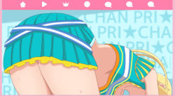 Rule 34 | 1girl, absurdres, ass, bent over, blonde hair, blue background, blue shirt, blue skirt, breasts, cheerleader, collarbone, crown, from behind, highres, house, kiratto pri chan, long hair, midriff, moegi emo, play button, poa mellhen, pretty series, shirt, short sleeves, skirt, small breasts, speech bubble, standing, star (symbol), starry background, thought bubble, twintails