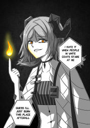 Rule 34 | 1girl, absurdres, arknights, bad id, bad pixiv id, choker, commentary, english commentary, english text, fire, gesugao, greyscale, grin, highres, horns, ichi10art, ifrit (arknights), index finger raised, looking at viewer, monochrome, orange eyes, smile, solo, spot color