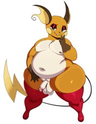Rule 34 | 1boy, animal ears, belly, breasts, brown eyes, creatures (company), eric lowery, eyeshadow, fat, flaccid, furry, game freak, gen 1 pokemon, half-closed eyes, highres, legs apart, looking at viewer, makeup, male focus, mouse ears, mouse tail, navel, nintendo, nipples, nude, penis, plump, pokemon, pokemon (creature), puffy chest, raichu, seductive smile, smile, standing, tail, testicles, thick thighs, thighhighs, thighs, trap, uncensored, white background, wide hips