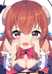 Rule 34 | 1girl, absurdres, ahoge, bare shoulders, blush, bow, breasts, brown eyes, brown hair, cleavage, clenched hands, commentary request, crisis management form (machimazo), crossed bangs, crying, crying with eyes open, demon girl, demon horns, demon tail, detached sleeves, eyelashes, fang, frilled sleeves, frills, from above, hair between eyes, hands up, highres, horns, large breasts, long hair, long sleeves, looking at viewer, machikado mazoku, nokia hiyou, open mouth, pink bow, rubbing eyes, sad, sidelocks, simple background, skin fang, solo, straight-on, tail, tears, white background, wide sleeves, yoshida yuuko (machikado mazoku)