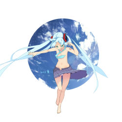 Rule 34 | 10s, 1girl, 2012, :p, aquaria (luyixin0609), barefoot, cloud, green eyes, hatsune miku, long hair, navel, necktie, skirt, sky, solo, star (sky), star (symbol), tongue, tongue out, topless, twintails, very long hair, vocaloid