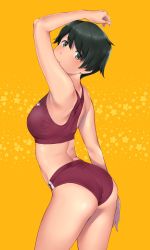 Rule 34 | 1girl, alternate costume, arched back, arm up, armpits, ass, blush, breasts, buruma, closed mouth, cowboy shot, crop top, from side, green eyes, green hair, highres, kantai collection, looking at viewer, looking to the side, medium breasts, mogami (kancolle), orange background, purple buruma, short hair, solo, star (symbol), starry background, thighs, wa (genryusui)