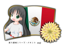 Rule 34 | 1girl, bird, black hair, breasts, cactus, copyright request, dahlia (flower), dress, eagle, flag, flower, green eyes, long hair, mexican flag, mexico, murakami senami, open mouth, simple background, small breasts, smile, snake, tagme, translated, white background, white dress, yellow flower