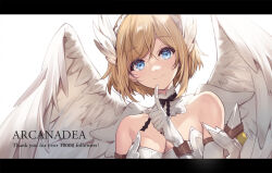 Rule 34 | 1girl, angel wings, arcanadea, armpit crease, bare shoulders, black bow, black bowtie, blonde hair, blue eyes, bow, bowtie, breasts, cleavage, collar, commentary request, crossed bangs, detached collar, dress, feathered wings, frilled collar, frills, gloves, hairband, hand up, head wings, headband, index finger raised, kotobukiya, looking at viewer, lumitia, medium breasts, milestone celebration, necomi, official art, original, raised eyebrow, short hair, smile, solo, swept bangs, upper body, white background, white collar, white dress, white gloves, white hairband, white wings, wings