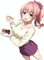 Rule 34 | 1girl, absurdres, bang dream!, blunt bangs, blurry, blush, bow, breasts, collarbone, commentary request, cupcake, depth of field, feet out of frame, food, food bite, fork, from above, green eyes, hair bow, hair ornament, hands up, highres, holding, holding fork, holding plate, jewelry, long sleeves, looking at viewer, looking up, medium breasts, medium hair, miniskirt, necklace, noshimurin, open mouth, pink hair, plate, polka dot, polka dot bow, ponytail, purple bow, purple skirt, shirt, simple background, skirt, smile, solo, standing, teeth, uehara himari, upper teeth only, white background, white shirt, x hair ornament