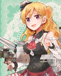 Rule 34 | 10s, 1girl, :d, anchor, bare shoulders, blonde hair, bow, bowtie, braid, breasts, cleavage cutout, clothing cutout, corset, french braid, hat, itomugi-kun, kantai collection, large breasts, long hair, long sleeves, machinery, mini hat, open mouth, purple eyes, red bow, red bowtie, red skirt, shirt, side braid, skirt, smile, solo, trigger discipline, white shirt, zara (kancolle), zara due (kancolle)