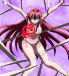 Rule 34 | 10s, 1girl, angry, bandages, bra, breasts, demon girl, green eyes, harem outfit, high school dxd, highres, large breasts, long hair, panties, red hair, rias gremory, screencap, solo, underwear, very long hair