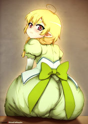 Rule 34 | 1girl, ahoge, ass, blonde hair, bow, braid, child, closed mouth, dress, elika drakul draupnils, female focus, flat chest, glowing, highres, huge ass, long hair, looking at viewer, looking back, lotte no omocha!, pointy ears, puffy short sleeves, puffy sleeves, shimetta masuta, short sleeves, sitting, solo, thick eyebrows, watermark, wide hips