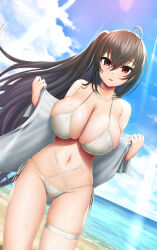 Rule 34 | 1girl, absurdres, abukobato, ahoge, azur lane, bare shoulders, beach, bikini, black hair, blue sky, breasts, cleavage, collarbone, gluteal fold, hair between eyes, highres, huge breasts, long hair, long sleeves, looking at viewer, navel, ocean, off shoulder, official alternate costume, one side up, open clothes, open shirt, parted lips, red eyes, shirt, shore, sideboob, sky, smile, solo, stomach, swimsuit, taihou (azur lane), taihou (seaside daydreams) (azur lane), thighs, white bikini, white shirt