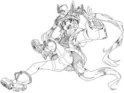 Rule 34 | 1girl, ahoge, animal ears, boots, bow, commentary request, crossed bangs, floating, full body, hair bow, hand up, hatching (texture), highres, hood, hoodie, horse ears, horse girl, horse tail, jitaso, knee up, leggings, long hair, long sleeves, looking at viewer, monochrome, open mouth, partial commentary, sharp teeth, sidelocks, simple background, solo, striped bow, tail, teeth, twin turbo (umamusume), twintails, umamusume, very long hair, w, white background