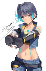 Rule 34 | 1girl, absurdres, belt, black belt, black gloves, black sports bra, blue hair, blue shorts, blue vest, breasts, buckle, character name, chest jewel, collarbone, copyright name, cropped vest, elbow gloves, evan (pixiv7510743), fiery hair, fingerless gloves, gloves, glowing lines, grey eyes, grin, high collar, highres, looking at viewer, navel, outstretched arms, sena (xenoblade), short hair, short shorts, shorts, shoulder tattoo, side ponytail, small breasts, smile, snap-fit buckle, solo, sports bra, stomach, stretching, tattoo, vest, white background, xenoblade chronicles (series), xenoblade chronicles 3