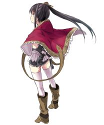 Rule 34 | 1girl, atelier (series), atelier totori, back, black dress, black hair, boots, cape, dress, female focus, full body, hair ornament, long hair, maromi (am97), mimi houllier von schwarzlang, ponytail, purple eyes, shawl, solo, thighhighs, white background, white thighhighs