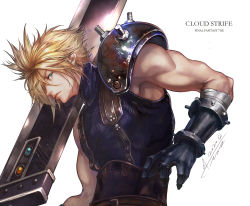 Rule 34 | 1boy, absurdres, armor, bandaged arm, bandages, bare shoulders, black gloves, blonde hair, buster sword, character name, closed mouth, cloud strife, copyright name, dated, english text, final fantasy, final fantasy vii, gloves, green eyes, highres, holding, holding weapon, jay b lee, male focus, manly, materia, muscular, over shoulder, pauldrons, rust, screw, shoulder armor, signature, simple background, single pauldron, solo, square enix, sword, sword over shoulder, turtleneck, vambraces, weapon, weapon over shoulder, white background