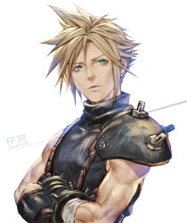 Rule 34 | 1boy, armor, biceps, black shirt, blonde hair, blue eyes, character name, closed mouth, cloud strife, commentary, copyright name, crossed arms, ear piercing, facing viewer, final fantasy, final fantasy vii, final fantasy vii remake, gauntlets, hair between eyes, hand wraps, looking away, male focus, piercing, shirt, short hair, shoulder armor, simple background, sleeveless, sleeveless shirt, sleeveless turtleneck, solo, spiked hair, suspenders, talgi, toned, toned male, turtleneck, upper body, white background