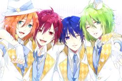 Rule 34 | 4boys, ;), aiba rui, arm around neck, bad id, bad pixiv id, blonde hair, blue eyes, blue hair, blue necktie, blush, boy sandwich, brothers, earrings, eyebrows, fang, fedora, fingerless gloves, gloves, green hair, hat, idol, jewelry, kirihara atom, male focus, marginal #4, mini hat, multiple boys, necktie, noda (yncoon), nomura l, nomura r, one eye closed, open mouth, outstretched hand, red eyes, red hair, sandwiched, siblings, smile, star (symbol), twins, upper body, waistcoat, white gloves