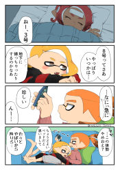 Rule 34 | 1boy, 2girls, barefoot, bed, bike shorts, black shorts, blanket, blonde hair, blush, cellphone, cold pack, comic, couch, dark skin, fangs, girl on top, hetero, highres, holding, holding phone, hug, indoors, inkling, inkling boy, inkling girl, inkling player character, lying, lying on person, medium hair, multiple girls, nintendo, octoling, octoling girl, octoling player character, on back, on couch, on person, on stomach, open mouth, orange hair, phone, pillow, pointy ears, red hair, short eyebrows, shorts, sick, smartphone, splatoon (series), splatoon 1, splatoon 2, splatoon 2: octo expansion, squidbeak splatoon, striped clothes, striped sweater, suction cups, sweater, tentacle hair, tona bnkz, towel, towel on head, translated, under covers