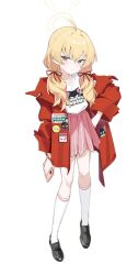 Rule 34 | 1girl, absurdres, ahoge, black footwear, blonde hair, blue archive, blush, bracelet, cellphone, commentary, commentary request, full body, hair between eyes, hair ribbon, halo, hand on own hip, highres, holding, holding phone, jacket, jewelry, kneehighs, loafers, long hair, long sleeves, looking at viewer, low twintails, official alternate costume, official alternate hairstyle, open clothes, open jacket, phone, pink skirt, pleated skirt, print shirt, red jacket, red pupils, red ribbon, ribbon, shirt, shirt tucked in, shoes, simple background, skirt, smartphone, socks, solo, standing, sweatdrop, tamago (eva1314056), twintails, white background, white shirt, white socks, yellow halo, yoshimi (band) (blue archive), yoshimi (blue archive)
