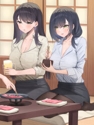 Rule 34 | 1other, 2girls, alcohol, beer, black hair, black pantyhose, black skirt, blush, breast pocket, breasts, chopsticks, cleavage, collarbone, collared shirt, commentary request, earrings, food, green eyes, highres, holding, holding chopsticks, indoors, jewelry, kneeling, large breasts, long hair, long sleeves, meat, mole, mole under mouth, multiple girls, office lady, open mouth, original, pantyhose, pocket, shirt, shirt tucked in, shougun (chuckni1), skirt, smile, stud earrings, table, white shirt, yellow shirt