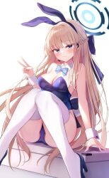 Rule 34 | 1girl, absurdres, animal ears, bare shoulders, blonde hair, blue archive, blue eyes, blue leotard, bow, bowtie, braid, breasts, case, detached collar, fake animal ears, halo, highres, knees together feet apart, leotard, long hair, looking at viewer, medium breasts, multicolored hair, official alternate costume, playboy bunny, rabbit ears, shishou (doragyurosu), solo, strapless, strapless leotard, streaked hair, thighhighs, toki (blue archive), toki (bunny) (blue archive), v, very long hair, white thighhighs, wrist cuffs