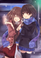 Rule 34 | 2girls, :d, ^ ^, bag, blue scarf, breath, brown eyes, brown hair, closed eyes, coat, cowboy shot, highres, holding hands, kyuri, legs together, long sleeves, md5 mismatch, multiple girls, open mouth, original, outdoors, plaid, plaid skirt, plastic bag, pleated skirt, scarf, skirt, smile, snow, standing, thighhighs, yuri, zettai ryouiki