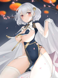 Rule 34 | 1girl, areola slip, azur lane, blush, braid, branch, breast curtains, breasts, cherry blossoms, china dress, chinese clothes, closed mouth, dress, flower, garter straps, gloves, grey dress, hair flower, hair ornament, half gloves, highres, kneeling, large breasts, looking at viewer, neckwear between breasts, pelvic curtain, red eyes, revealing clothes, see-through, see-through sleeves, shiruko (27anko), short hair, side braid, side slit, sirius (azur lane), sirius (azure horizons) (azur lane), solo, thighhighs, thighs, underboob, white gloves, white hair, white thighhighs