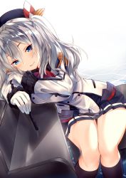 Rule 34 | 10s, 1girl, beret, black socks, blue eyes, breasts, buttons, epaulettes, frilled sleeves, frills, gloves, grey eyes, grey skirt, hat, head rest, highres, instrument, jacket, jun project, kantai collection, kashima (kancolle), kerchief, kneehighs, knees together feet apart, large breasts, legs together, looking at viewer, military, military uniform, miniskirt, neckerchief, piano, pleated skirt, sidelocks, silver hair, sitting, skirt, smile, socks, solo, tsurime, twintails, uniform, wavy hair, white gloves