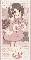 Rule 34 | 1girl, absurdres, amagami, blush, bow, bow coat, box, brown eyes, brown hair, character age, character name, closed mouth, coat, dated, full body, fur-trimmed coat, fur trim, gift, gift box, gloves, hair ornament, happy birthday, happy valentine, heart, heart-shaped box, highres, holding, holding gift, incoming gift, looking at viewer, medium hair, nakata sae, pink bow, pink coat, pink footwear, pink gloves, rabiyamarabi, shoes, signature, smile, solo, spoken heart, standing, twintails