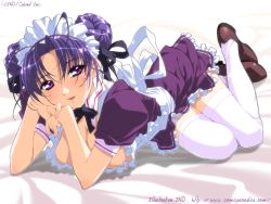 Rule 34 | 1girl, breasts, cleavage, double bun, doughnut hair bun, full body, hair bun, head rest, ino (magloid), large breasts, maid, own hands together, purple eyes, purple hair, solo, thighhighs, watermark, web address, white thighhighs