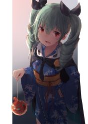Rule 34 | 10s, 1girl, anchovy (girls und panzer), commentary request, drill hair, fang, floral print, girls und panzer, gradient background, green hair, hair ribbon, hand on own hip, holding, japanese clothes, kimono, long hair, looking at viewer, makihitsuji, obi, open mouth, red eyes, ribbon, sash, solo, twin drills, twintails, wide sleeves