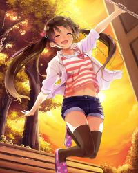 Rule 34 | 1girl, ^ ^, absurdres, ahoge, black thighhighs, blue shorts, brown hair, closed eyes, collarbone, denim, denim shorts, floating hair, flute, from below, full body, hair ornament, heart, heart ahoge, heart print, highres, holding, holding instrument, instrument, jacket, long hair, midriff, navel, open clothes, open jacket, open mouth, outdoors, outstretched arms, school fanfare, shirt, short shorts, shorts, smile, solo, stomach, striped clothes, striped shirt, sunset, thighhighs, twintails, very long hair, white jacket, zettai ryouiki