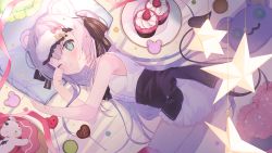 Rule 34 | 1girl, animal ears, bare arms, bare shoulders, bear ears, bed sheet, black skirt, blush, bow, center frills, cross-shaped pupils, cupcake, demon tail, food, frilled pillow, frills, fruit, green eyes, grey hair, hair between eyes, hands up, indie virtual youtuber, long hair, lying, mask, mask on head, on side, pillow, plate, red bow, rubbing eyes, shirt, siduki tumiki, skirt, sleep mask, sleeveless, sleeveless shirt, solo, star (symbol), strawberry, suzuhara (13yuuno), symbol-shaped pupils, tail, very long hair, virtual youtuber, white shirt, yellow bow