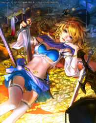 Rule 34 | 1girl, blonde hair, blue bra, blue skirt, bow, bra, bracelet, breasts, coin, detached sleeves, earrings, emperors saga, garter belt, gold, hair bow, hair ornament, headband, highres, holding, holding sword, holding weapon, jewelry, large breasts, liduke, looking at viewer, lying, navel, official art, on back, purple eyes, short hair, skirt, smile, solo, sword, tassel, thighhighs, tongue, tongue out, treasure, underwear, watermark, weapon, white thighhighs