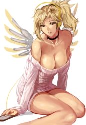 Rule 34 | 1girl, bare legs, bare shoulders, blonde hair, breasts, choker, cleavage, collarbone, female focus, half-closed eyes, halo, large breasts, legs, lips, mercy (overwatch), naked sweater, no bra, off shoulder, overwatch, overwatch 1, parted lips, ponytail, simple background, sitting, strapless, sweater, thighs, wariza, white background, wings