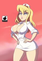 Rule 34 | 1girl, animaniacs, animaniacs (2020), animification, blonde hair, blue eyes, breasts, cleavage, dress, eyelashes, eyeshadow, hands on own hips, hat, hello nurse, heloise nerz, highres, large breasts, linkartoon, lipstick, long hair, makeup, nurse, nurse cap, simple background, solo, thick thighs, thighs, white dress